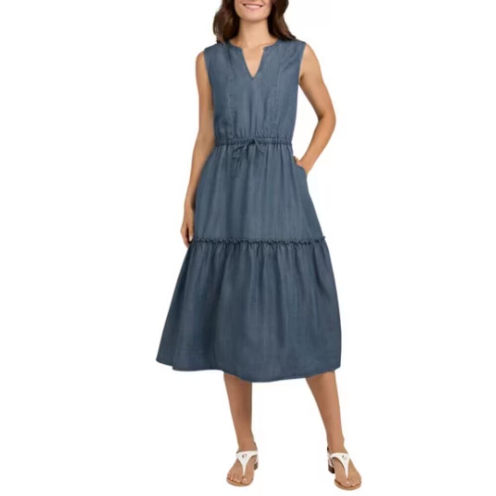 Lands' End Women's Lyocell Tiered Midi Dress - Blue, Size Medium